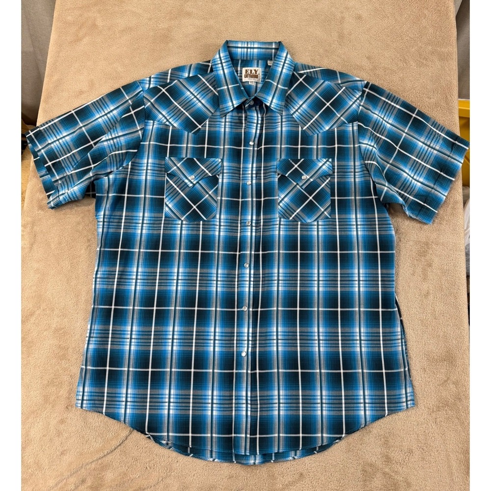 Ely Cattleman shirt Mens Size XL Blue Plaid Western Pearl Snap short sleeve EUC